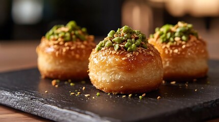 Three small pastries with green nuts on top