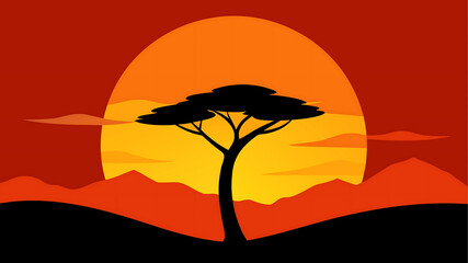 African savanna landscape with acacia tree silhouette against a vibrant sunset