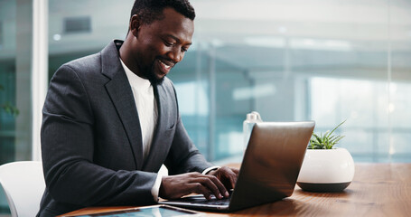 Laptop, typing and black man in office with finance project for online client with investment...