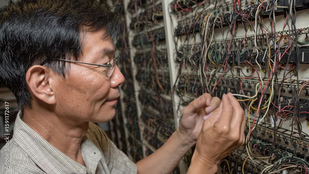 Poster researcher showcases expertise in technology and engineering through intricate wiring connections an