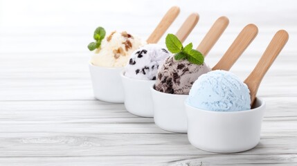 Delectable Ice Cream Assortment: Indulge your senses with a visual symphony of diverse ice cream flavors, each scoop resting in its own minimalist bowl, accompanied by a charming wooden spoon.