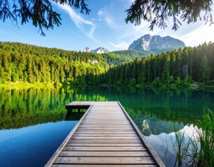 Serene mountain lake with wooden dock