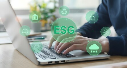 A person interacts with a digital interface showing icons related to ESG (Environmental, Social, Governance) principles..