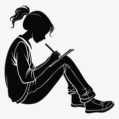 Silhouette of Girl Drawing or Sketching Minimal Female Artist Vector for Art and Education