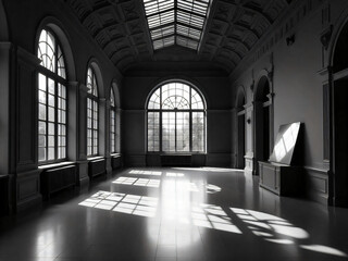 Grand Hall with Arched Windows and Sunlight Shadows