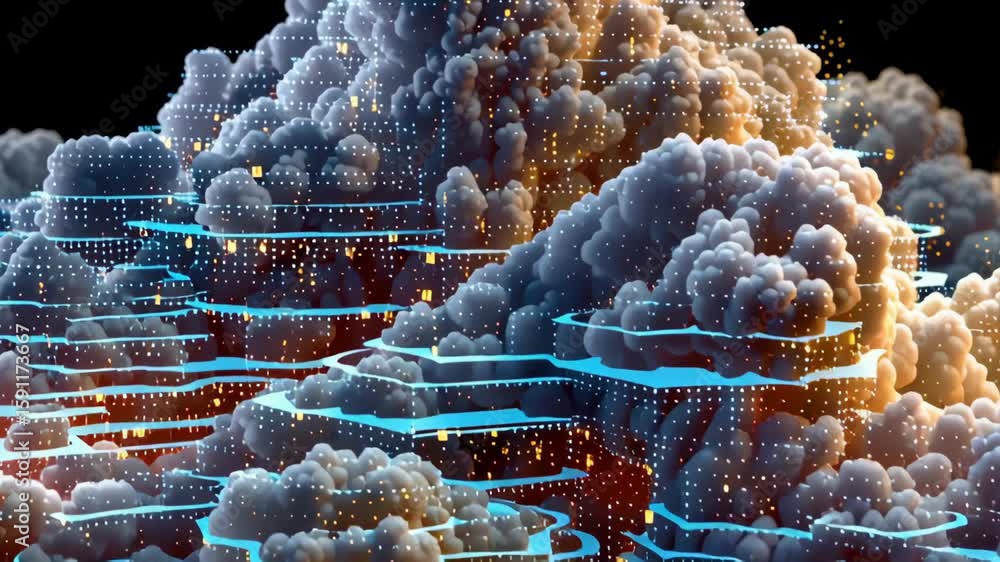 Poster mesmerizing digital clouds with glowing particles create abstract landscape, showcasing fusion of te