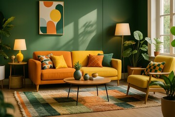 A modern living room with green walls, an orange and yellow sofa, a yellow lounge chair, a colorful rug, and decorative plants that create a warm and fresh atmosphere.