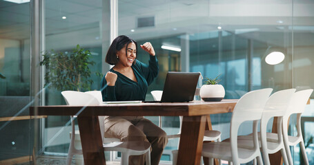 Laptop, fist pump and success with business woman in office for investment profit, account growth...