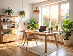 Bright, airy home office featuring a wooden desk, plants, and natural light.