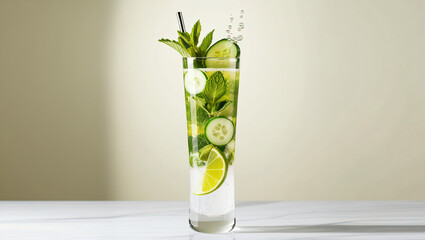 Tall Glass of Refreshing Cucumber Mint Lime Drink