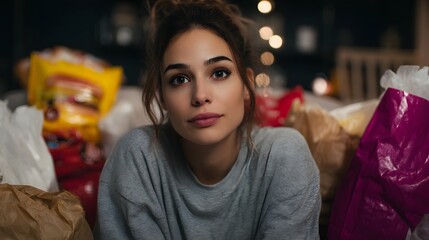 Fototapeta premium Woman overwhelmed by junk food delivery bags amidst indoor clutter