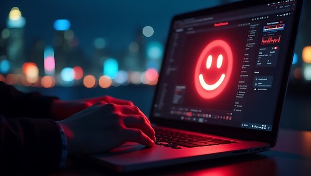Hacker using laptop with glowing smiley face on screen at night