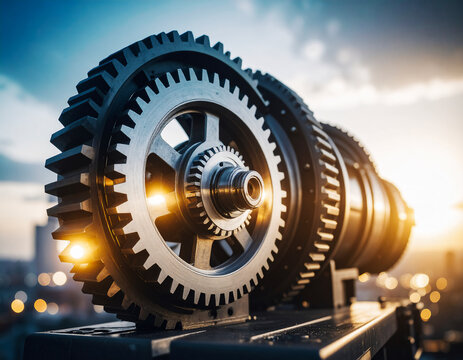 中央制御塔に埋め込まれたギア構造が静かに回転し、都市全体へ正確に電力を配分する都市景観 - Powered by Adobe