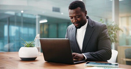 Laptop, research and black man in office with finance project for online client with investment...