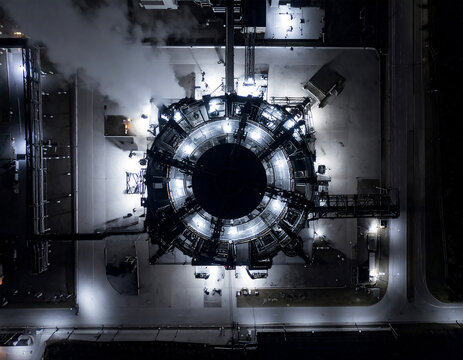 中央制御塔に埋め込まれたギア構造が静かに回転し、都市全体へ正確に電力を配分する都市景観