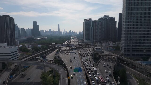 Traffic Jam Over The Si Rat Expressway Toll Road Along Bang Kapi, Huai Khwang, Bangkok, Thailand. Aerial Drone Shot