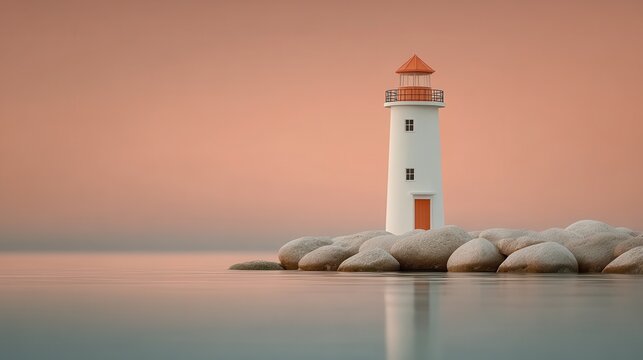 Silhouetted lighthouse graces the tranquil sea at sunset, creating a serene coastal view over calm waters. World Maritime Day