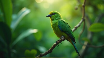 Vibrant green bird perched on a branch.