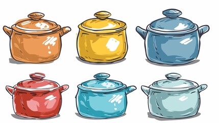 A colorful collection of cooking pots, featuring a variety of bright hues in a fun, whimsical kitchen illustration.
