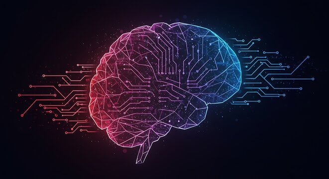 Bipolar Digital Consciousness Glowing Red and Blue Polygonal Circuit Brain.