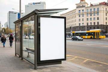 Blank advertising banner mockup at city transport stop. Urban billboard for commercial marketing, promotions, or branding. Ideal for outdoor campaigns, business ads, or announcements.

