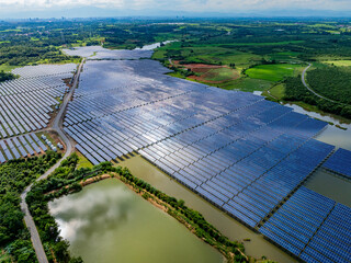 Photovoltaic panels aerial photography on water