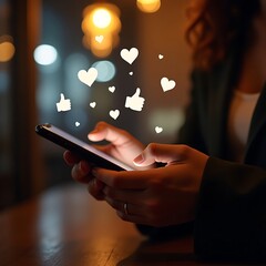 Person using smartphone with social media likes and hearts floating above