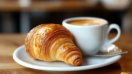 Tip of a croissant dipped into an espresso coffe
