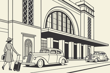 A historic Union Station scene featuring Art Deco architecture, parked vintage cars, and travelers with luggage, modern flat illustration style.