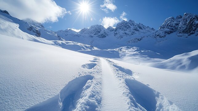 Sunlight snow mountain peaks horizon winter path frozen adventure footsteps cloudscape travel destination journey