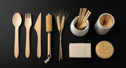 Sustainable Zero Waste Kitchen and Personal Care Essentials on a Dark Background.