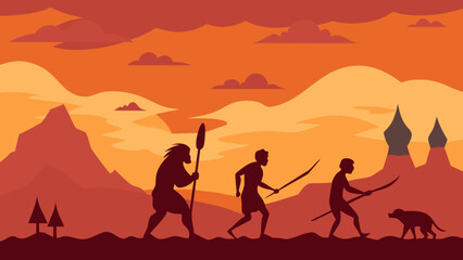 Warm orange sunset silhouette of a family walking on the beach with their children