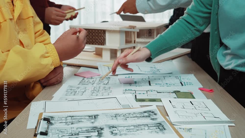 Poster a diverse group engages in teamwork within a modern office, analyzing detailed architectural plans a