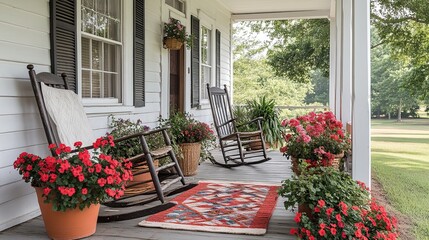 Rocking Chairs Rug Flowers Porch Home Plants Window Shutters Welcome Comfort Relaxation Tranquility Outdoors Green