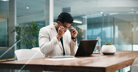 Glasses, laptop and review with business man in office for investment or portfolio management....