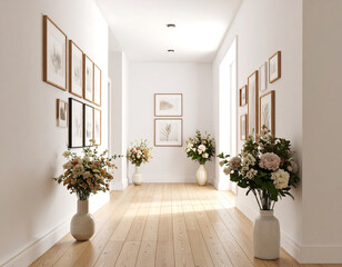 Bright hallway with framed artwork and elegant flower arrangements in vases.