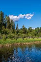 Mountain Lake with Blue Sky and White Clouds in British Columbia, Canada. Day time on June 2025.