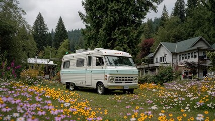 Vintage camper adventure surrounded by vibrant wildflowers in serene garden, embracing nature and boho decor for outdoor travel enthusiasts