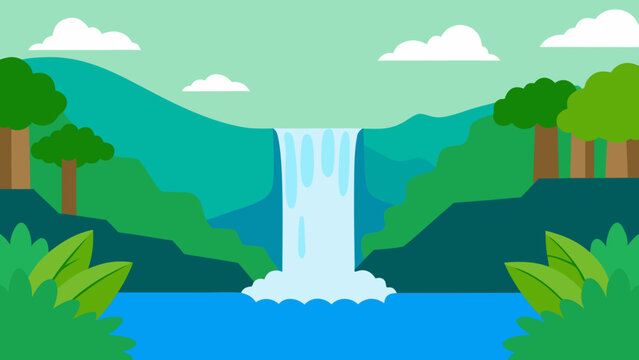A vibrant cartoon illustration of a summer landscape with green trees, a blue sky, and rolling hills