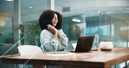 Laptop, success and surprise with business woman in office for bonus, good news or milestone....
