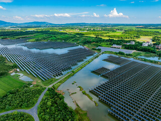 Photovoltaic panels aerial photography on water