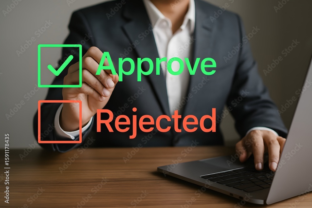 Poster business decision-making process showing approval and rejection options, symbolizing choices and wor