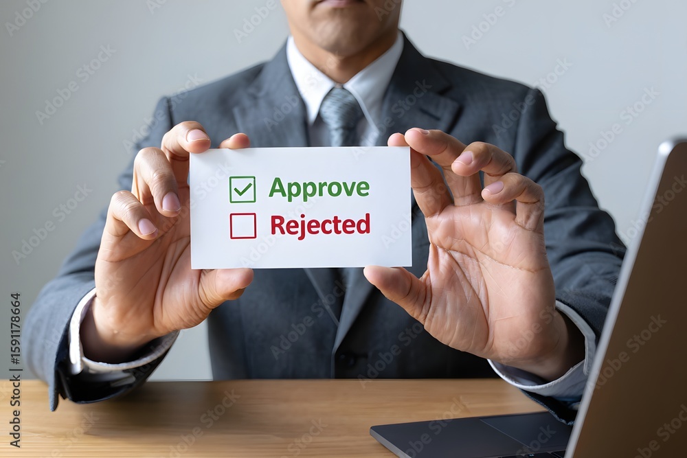 Poster business decision-making process showing approval and rejection options, symbolizing choices and wor