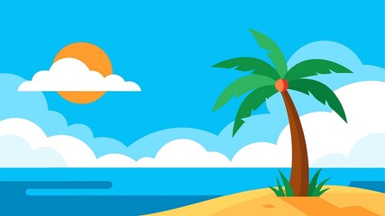 Vibrant tropical beach scene with palm tree under a sunny sky