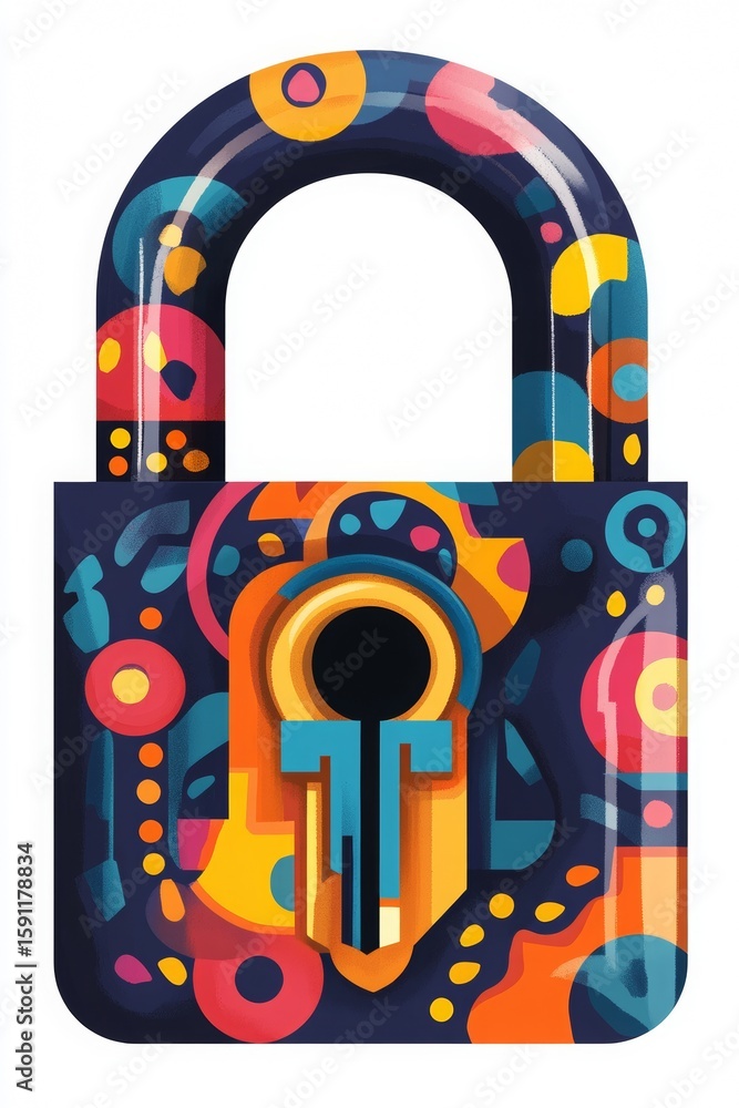Poster a geometrically inspired padlock design in vibrant colors, combining security and abstract art with 