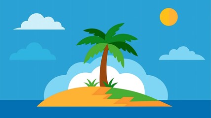 Tropical island with a single palm tree under a bright sun and blue sky
