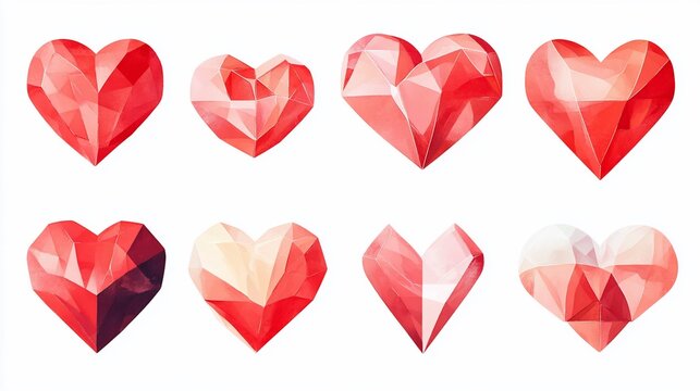 Low-poly red hearts collection, white background, Valentine's design - Powered by Adobe