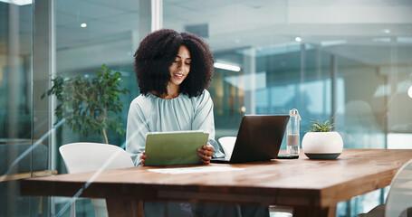 Tablet, laptop and business woman online for finance report, proposal and investment research....