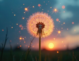 a hyperrealistic dandelion seed head where each parachute is a miniature wind turbine backlighting wih sunset light 