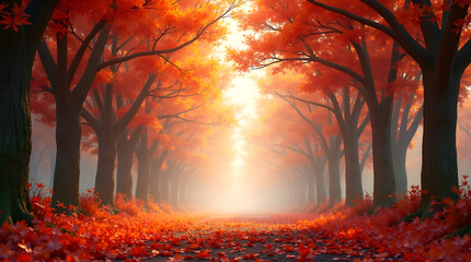 Peaceful woodland path surrounded by slender autumn trees carpeted with colorful foliage